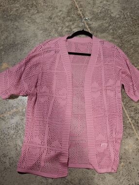 Pink Openwork Knit Cardigan Sweater